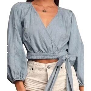 Free People Sophie Denim Wrap Crop Top Light Wash Cotton Sz M Y2K Boho Tie Front